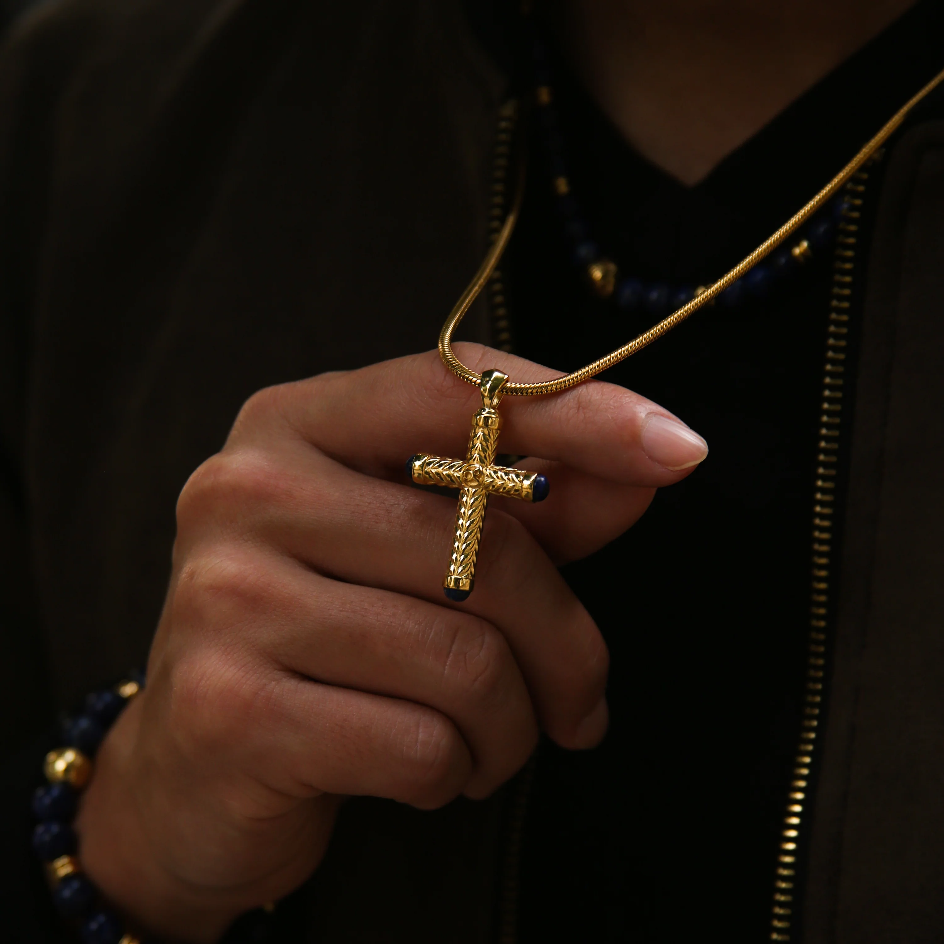Gold Cross Pendant With Lapis Lazuli - Image 4
