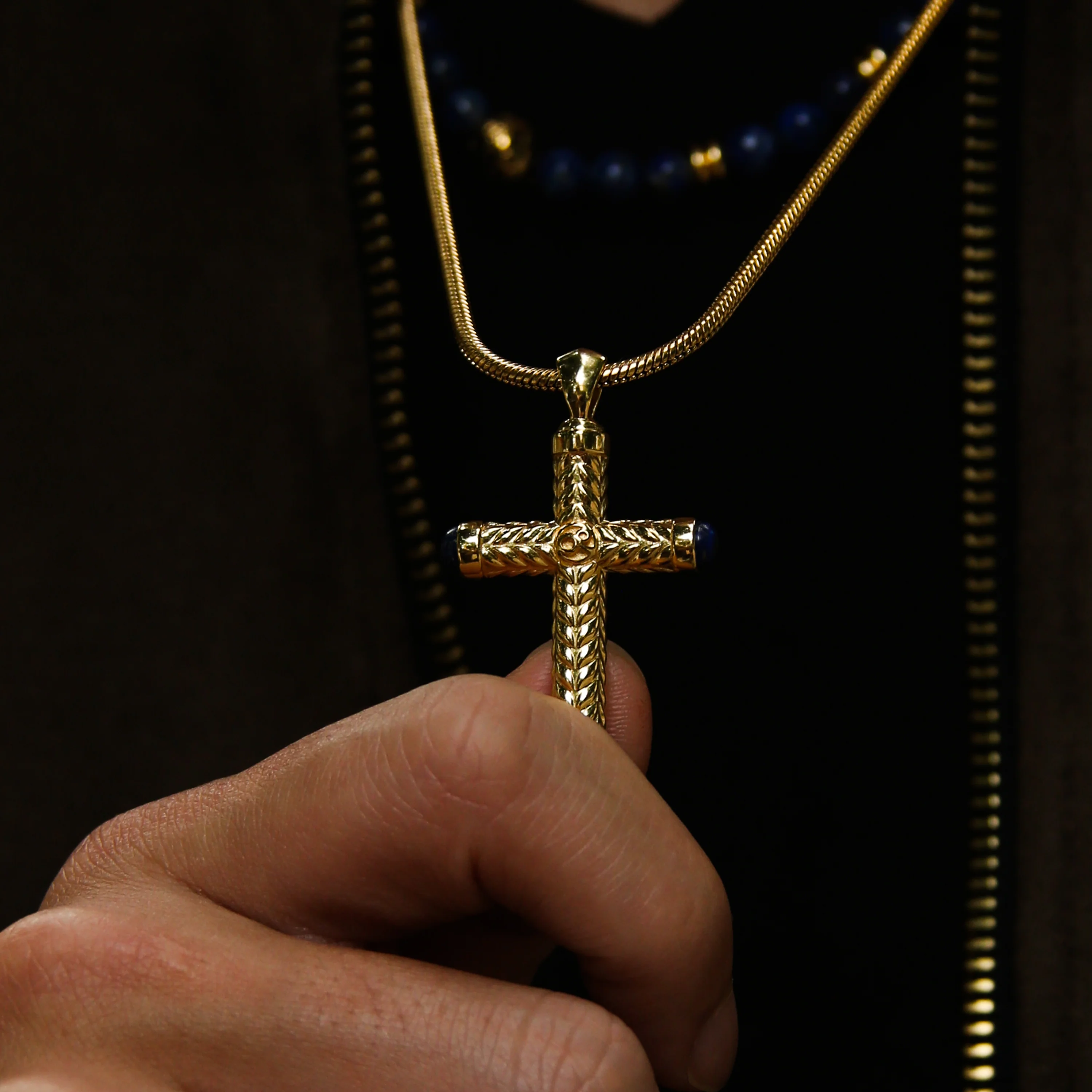 Gold Cross Pendant With Lapis Lazuli - Image 5
