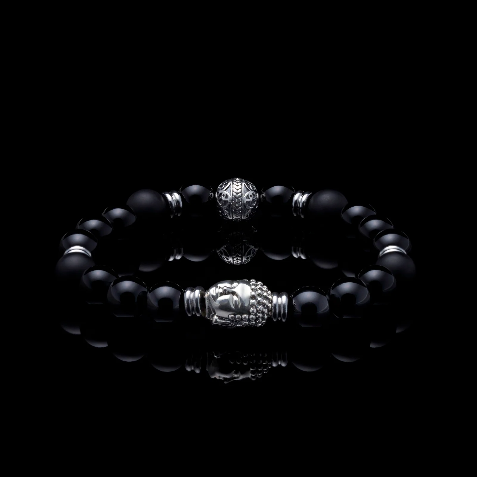 Silver Buddha Bracelet with Obsidian