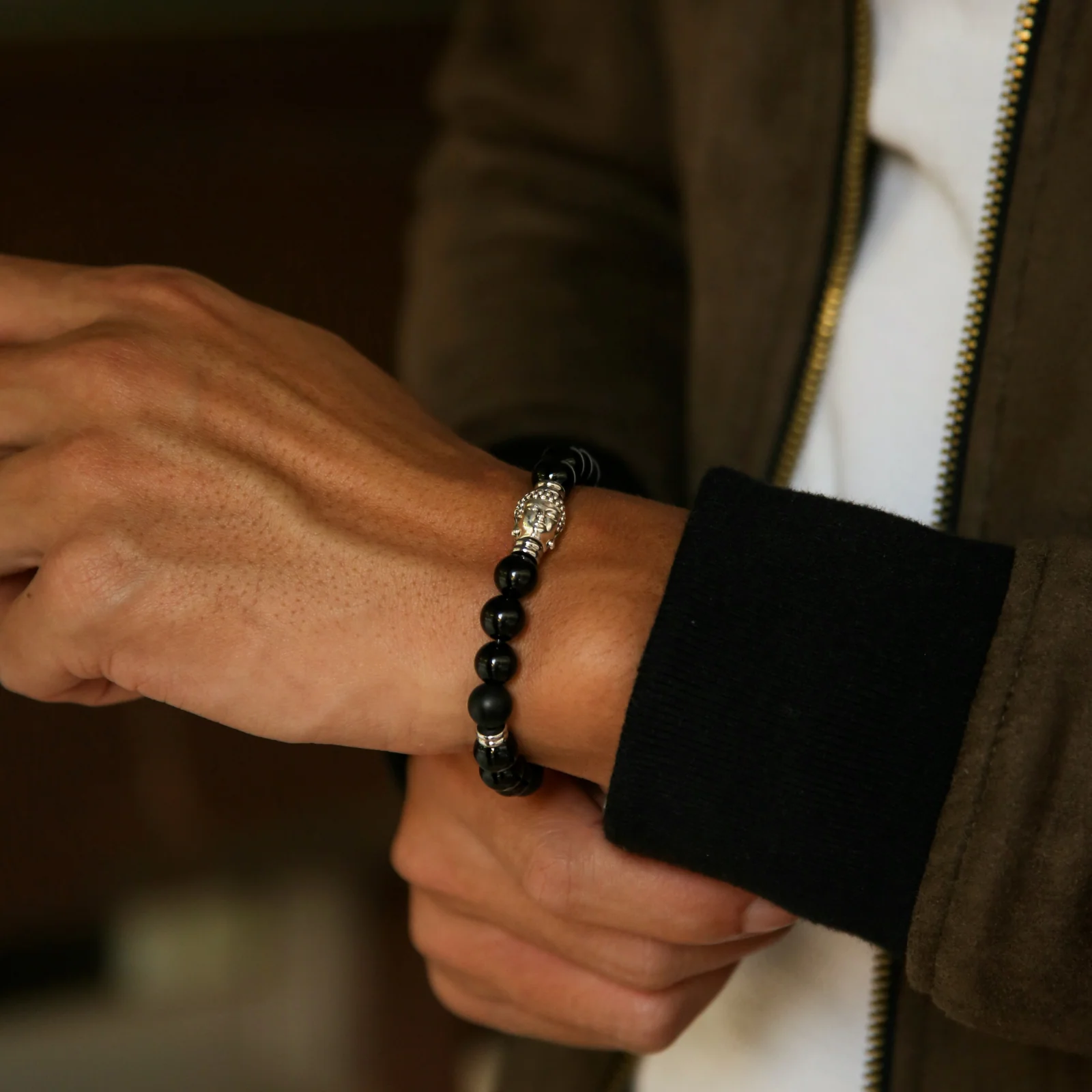 Silver Buddha Bracelet with Obsidian - Image 4