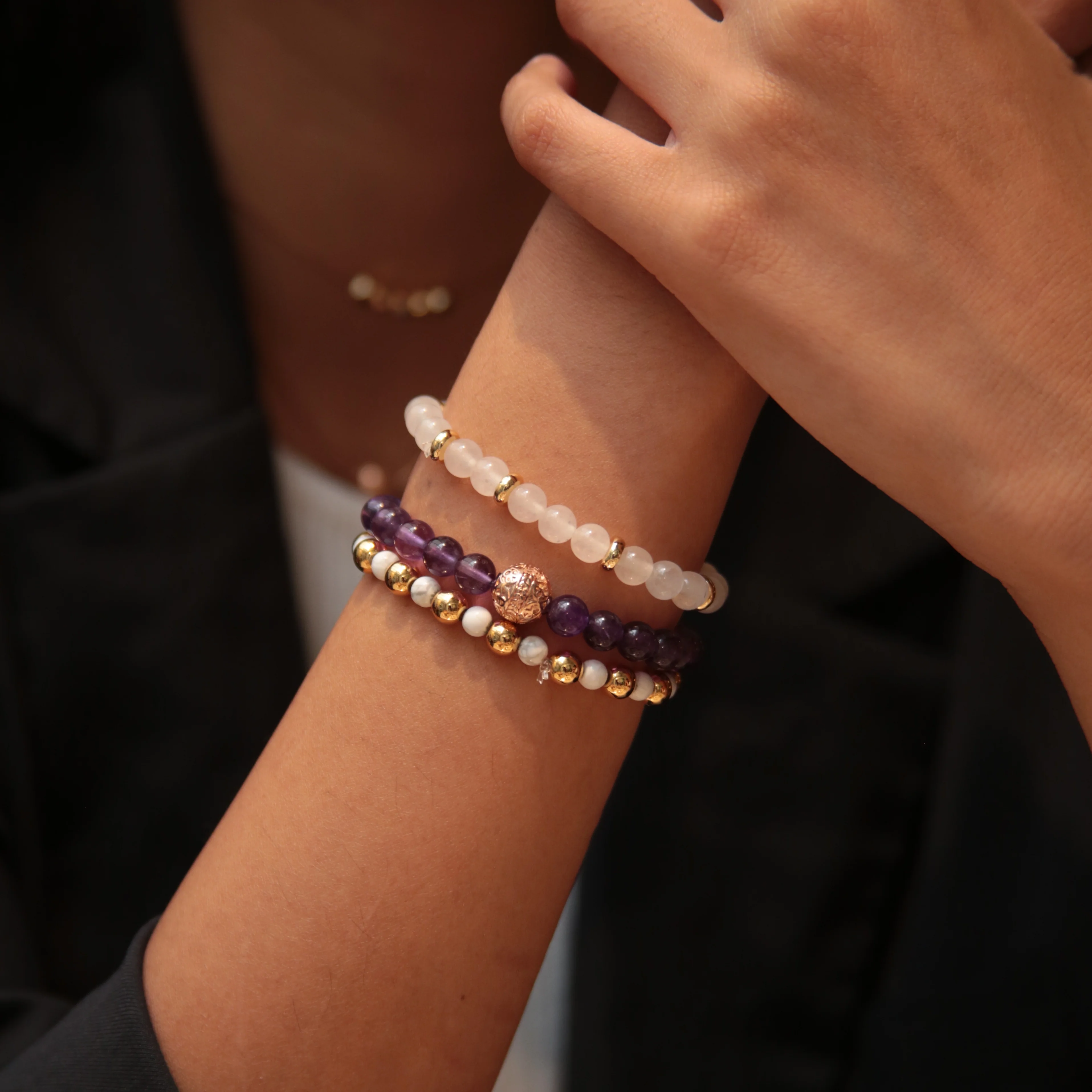 Amethyst Rose Gold Bracelet with Howlite and White Jade Bracelet - Image 3