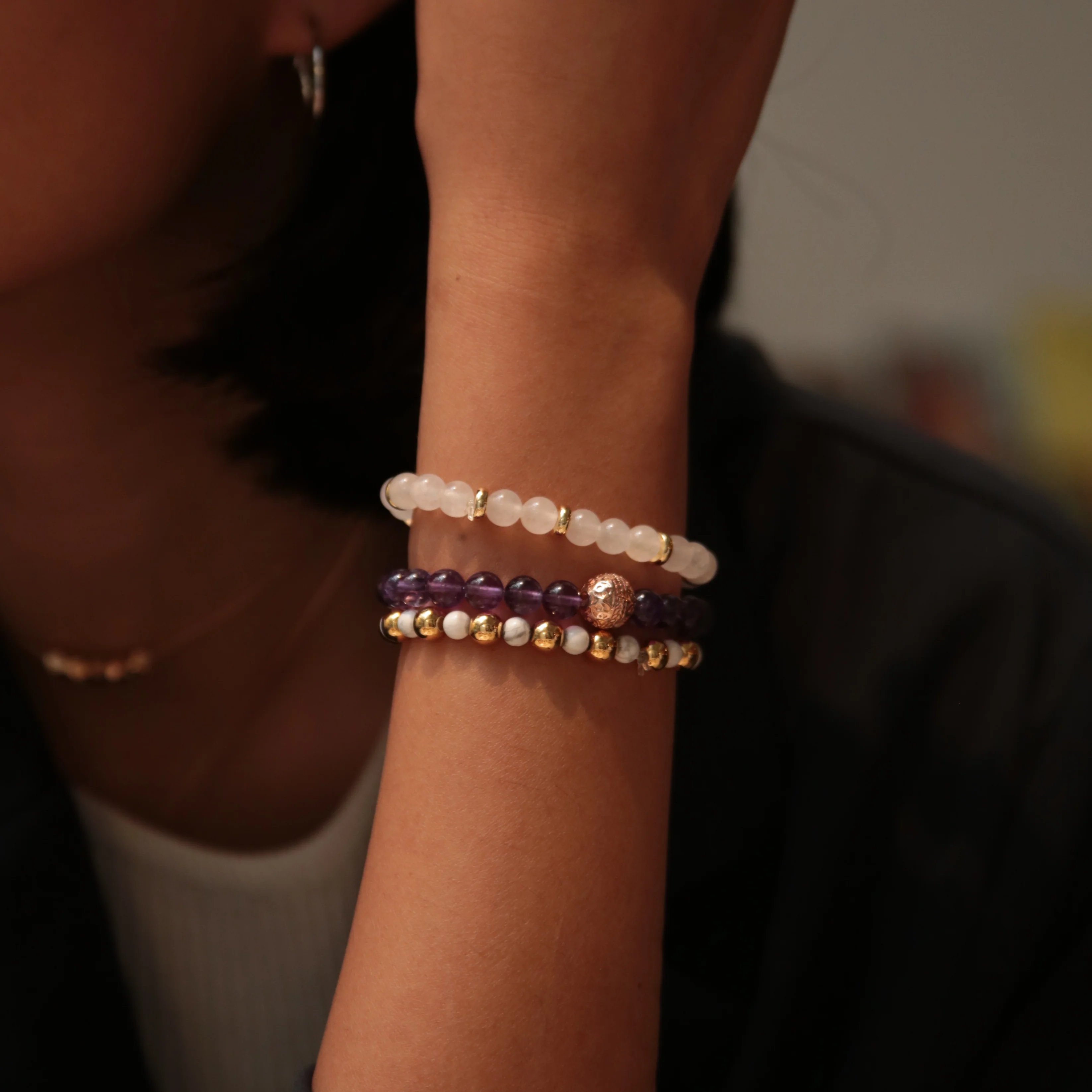 Amethyst Rose Gold Bracelet with Howlite and White Jade Bracelet - Image 5