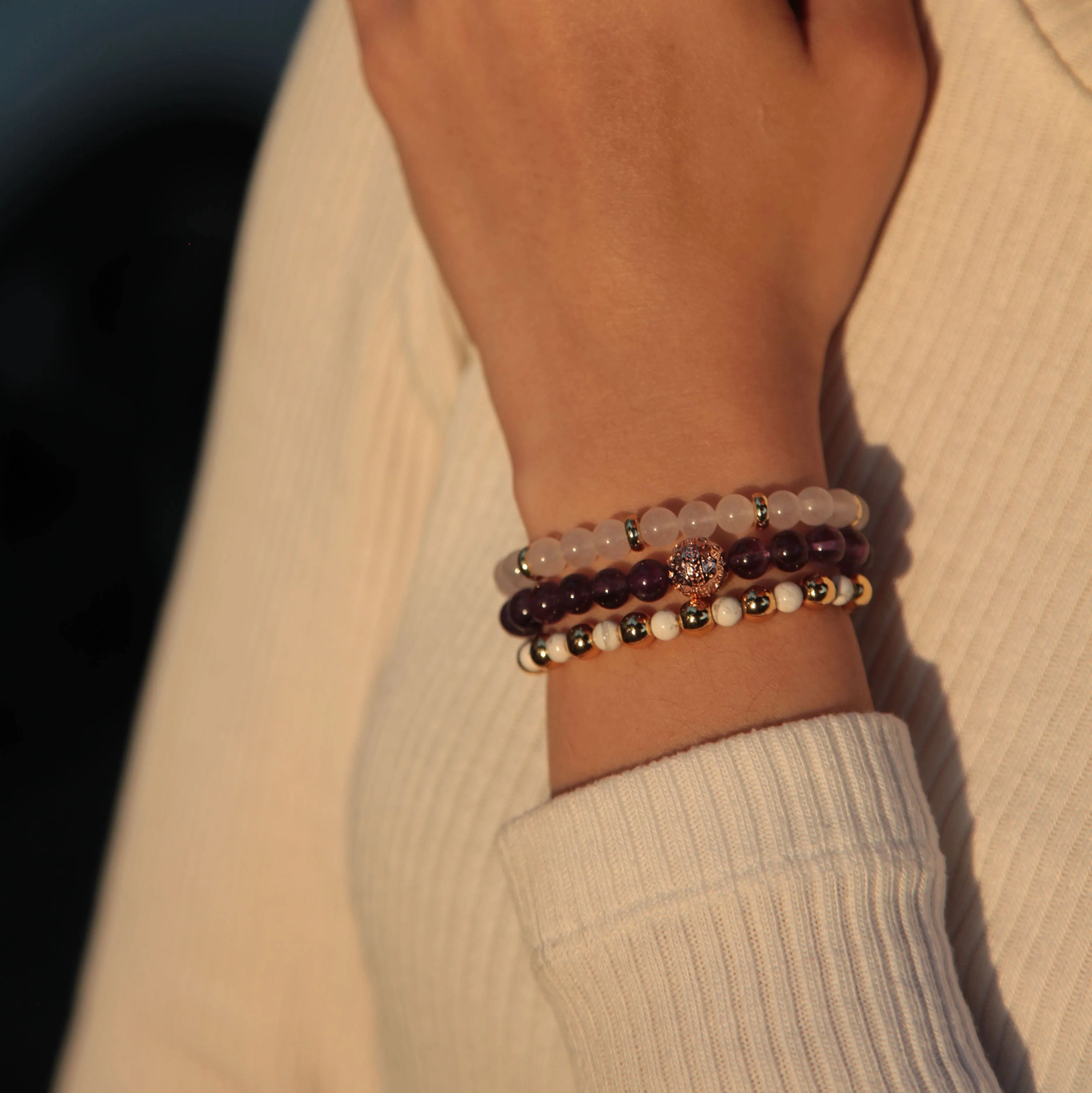 Amethyst Rose Gold Bracelet with Howlite and White Jade Bracelet - Image 6