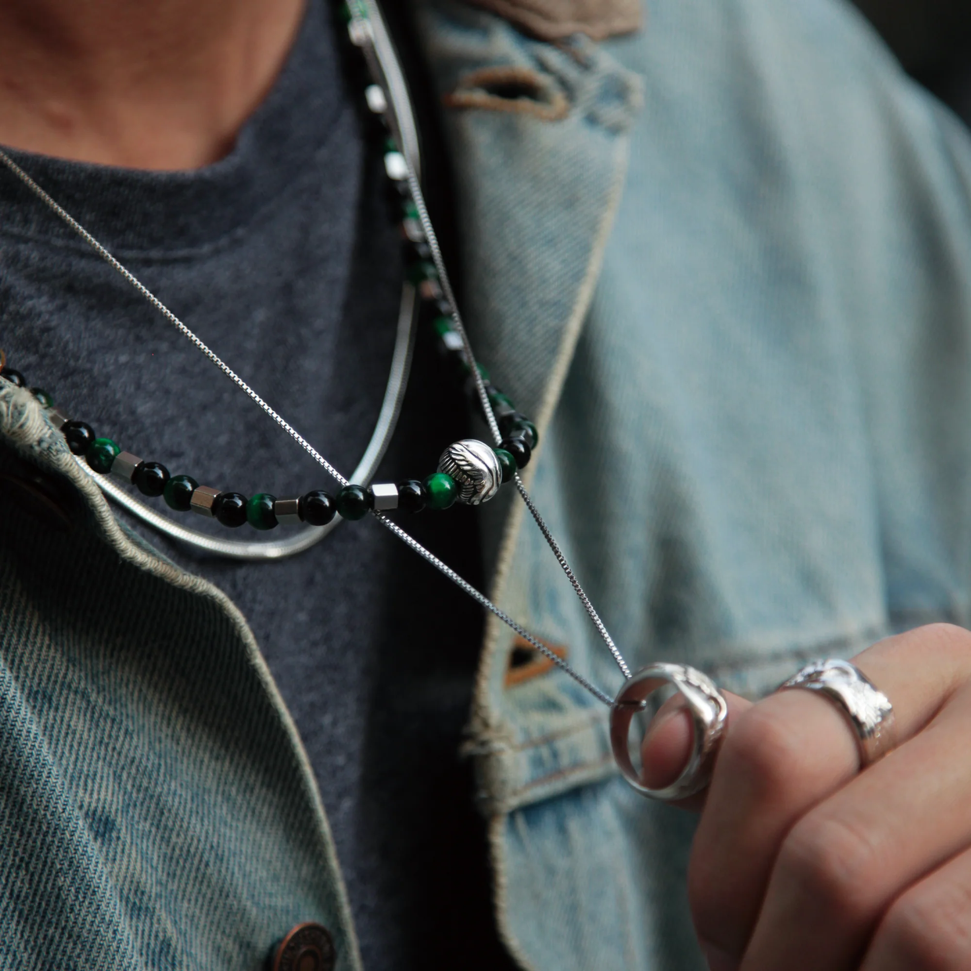 Beaded Angel Wing Necklace with Green Tiger Eye, Obsidian - Image 3
