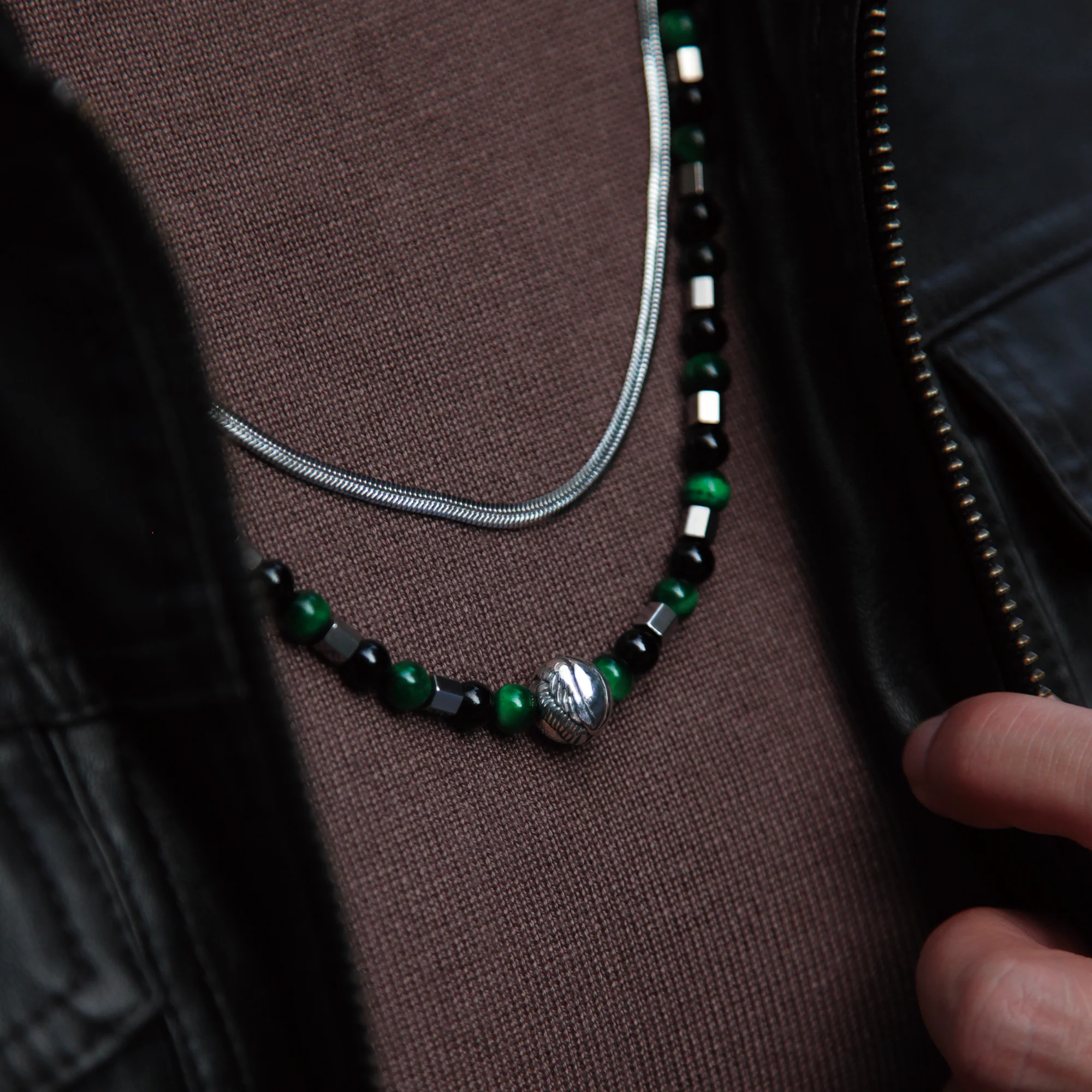 Beaded Angel Wing Necklace with Green Tiger Eye, Obsidian - Image 4
