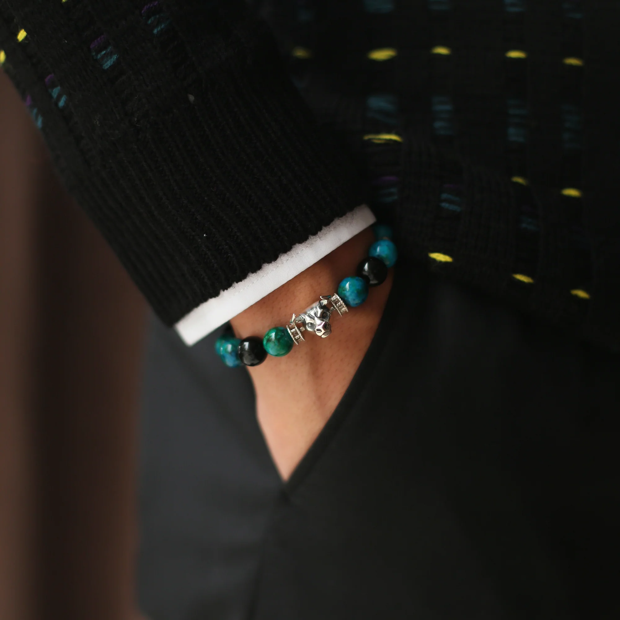 Bull Turquoise Obsidian Stainless Steel Bead Bracelet - Image 3