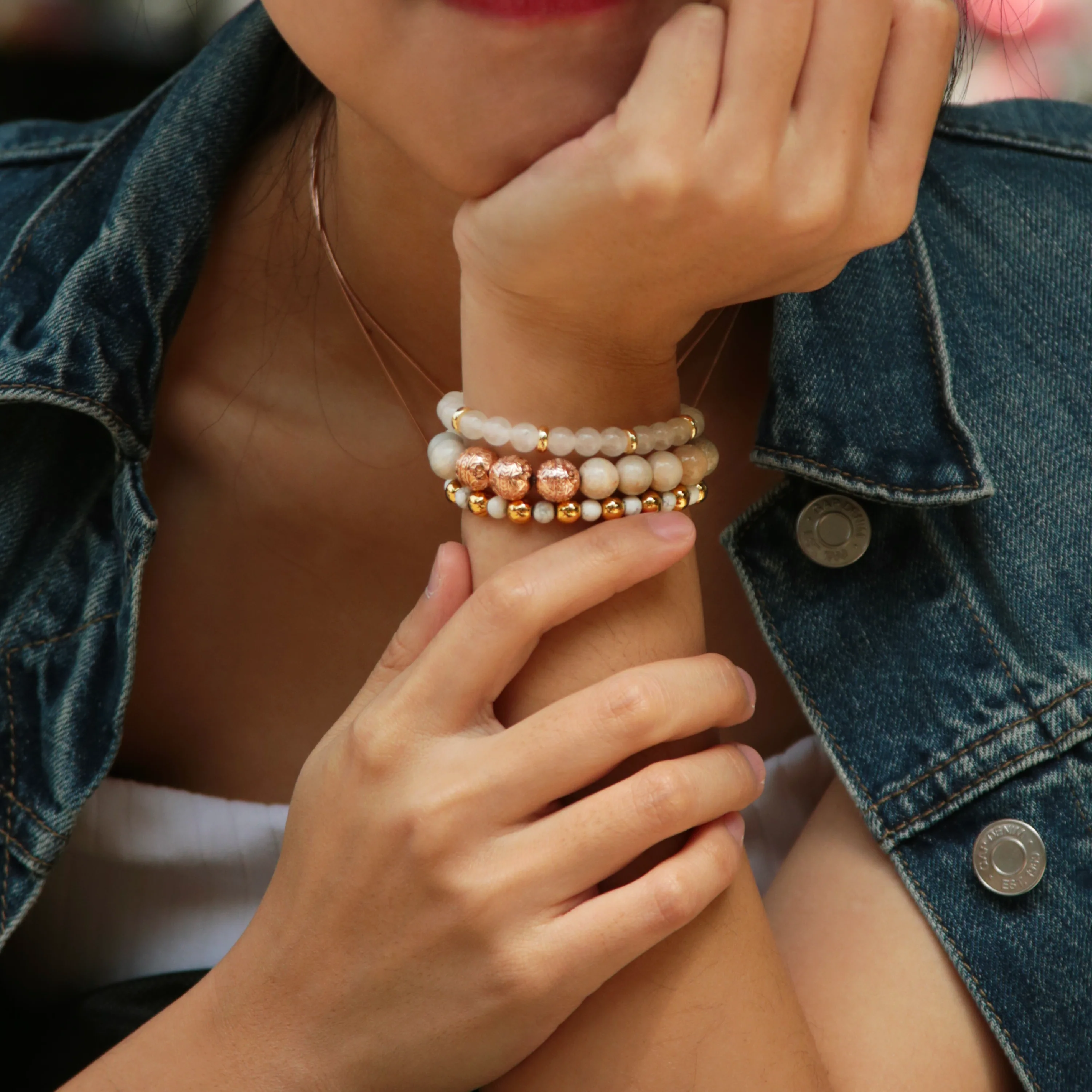 Rose Gold Chrysanthemum Bracelet with Howlite and White Jade Bracelet - Image 2