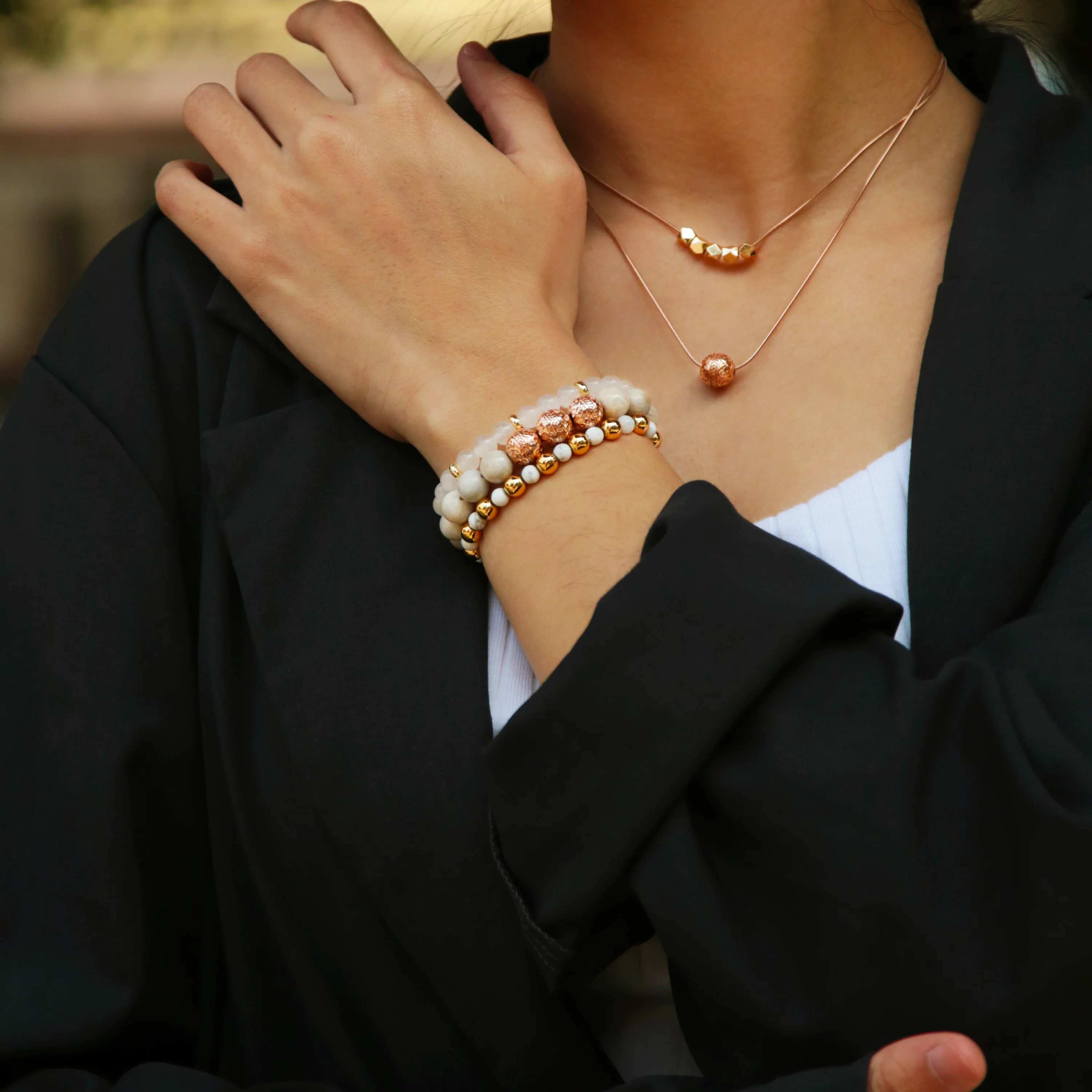 Rose Gold Chrysanthemum Bracelet with Howlite and White Jade Bracelet - Image 3