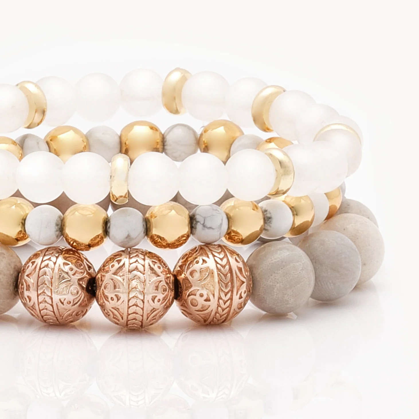 Rose Gold Chrysanthemum Bracelet with Howlite and White Jade Bracelet - Image 5
