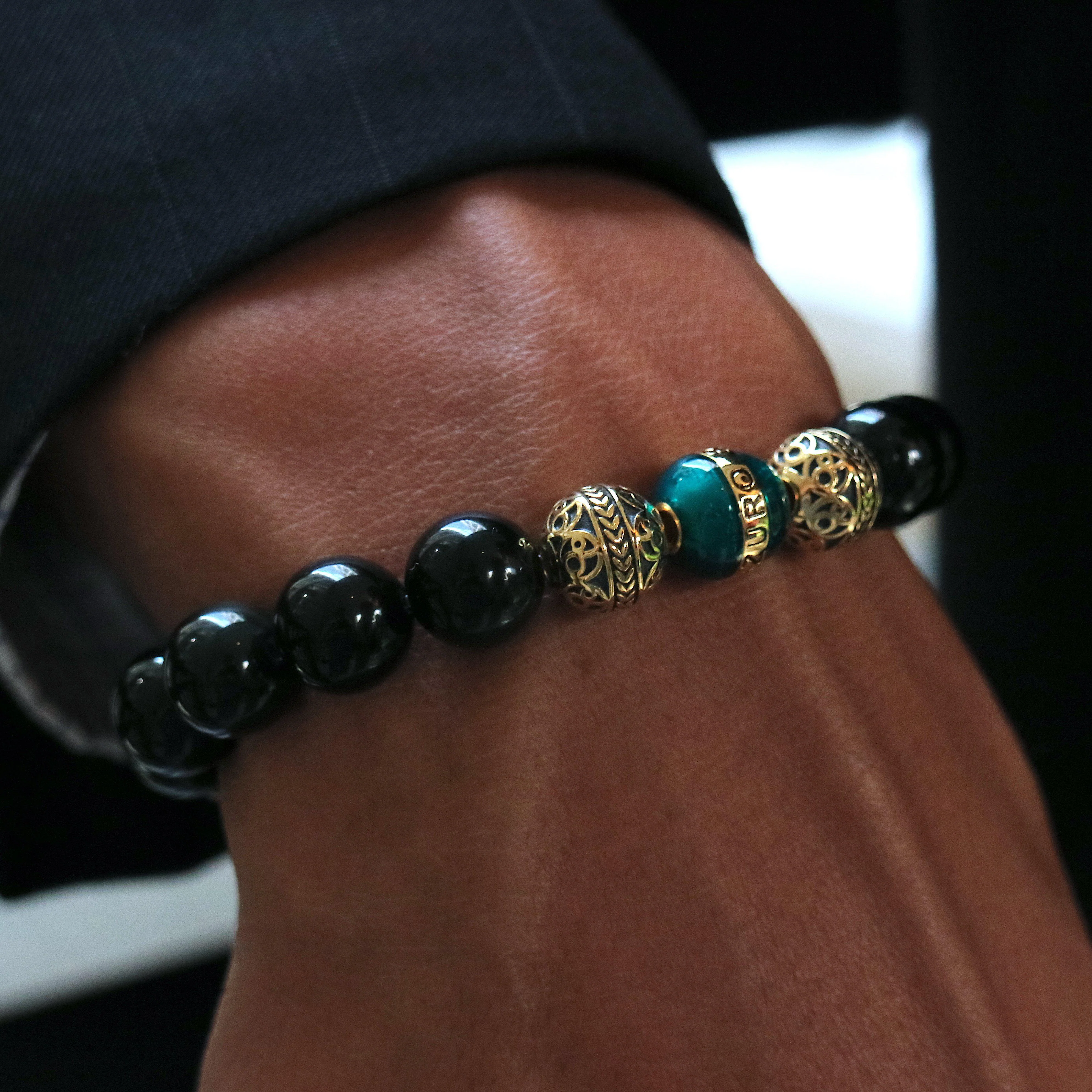 Gold Enamel Turquoise Obsidian Bracelet - Image 6