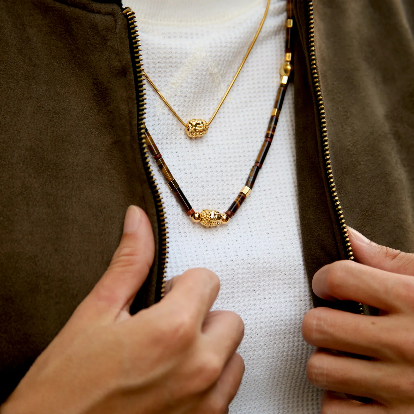 Gold Buddha Necklace, Azuro Bead with Tiger Eye - Image 4