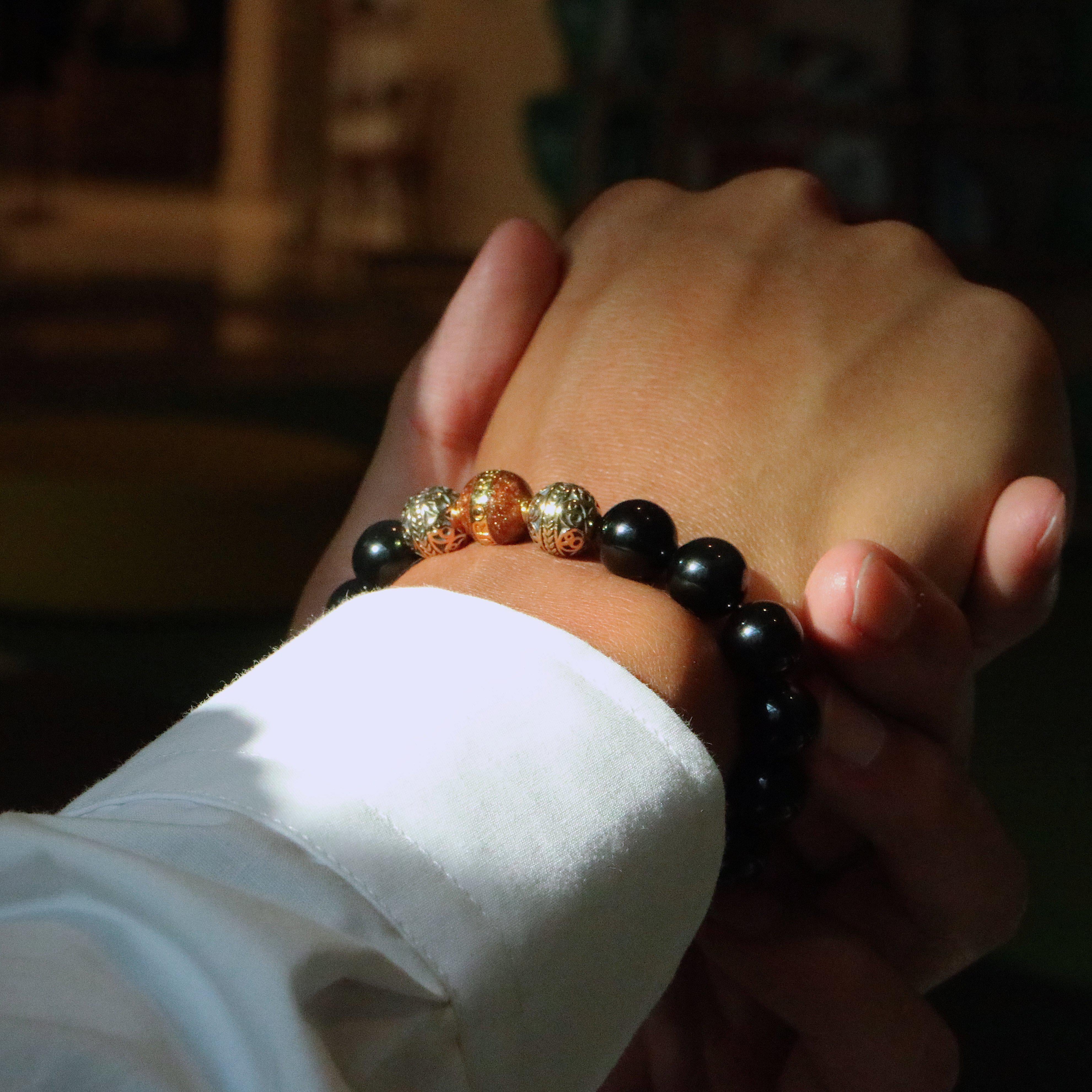 Gold Brown Enamel Obsidian Bracelet - Image 3