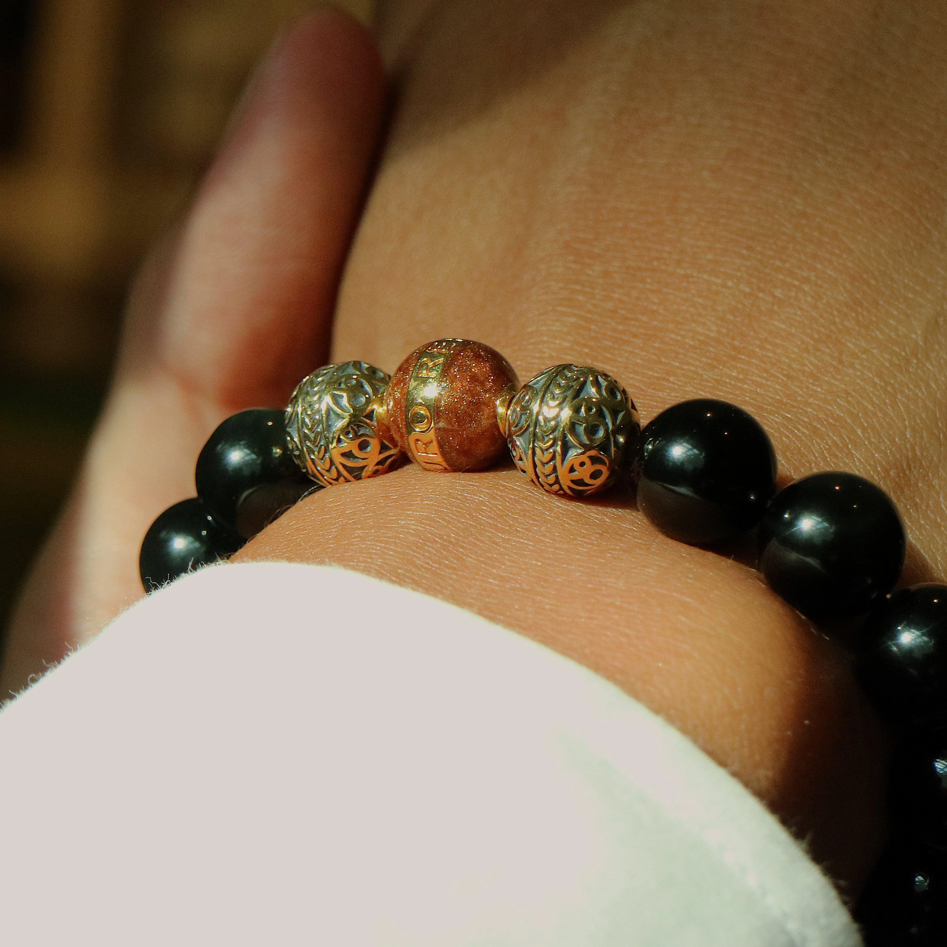 Gold Brown Enamel Obsidian Bracelet - Image 4