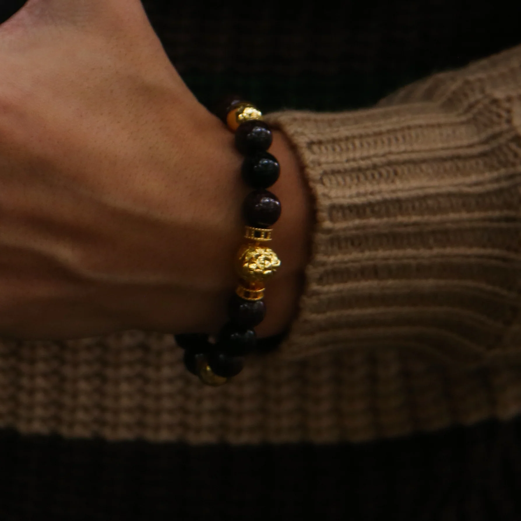 Gold Lion Bracelet in Garnet, Obsidian - Image 2