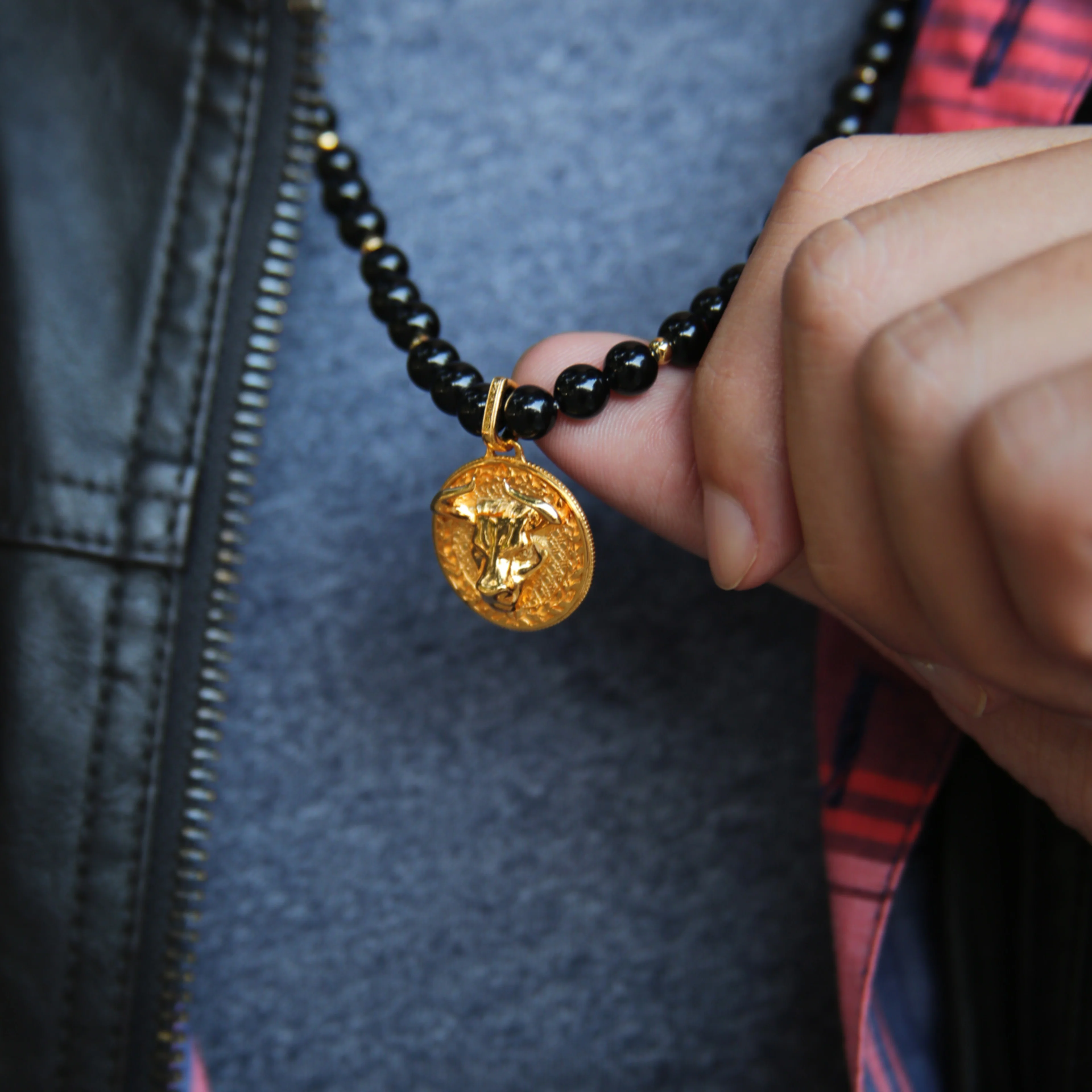 Gold Obsidian Beaded Necklace with Pendant - Image 7
