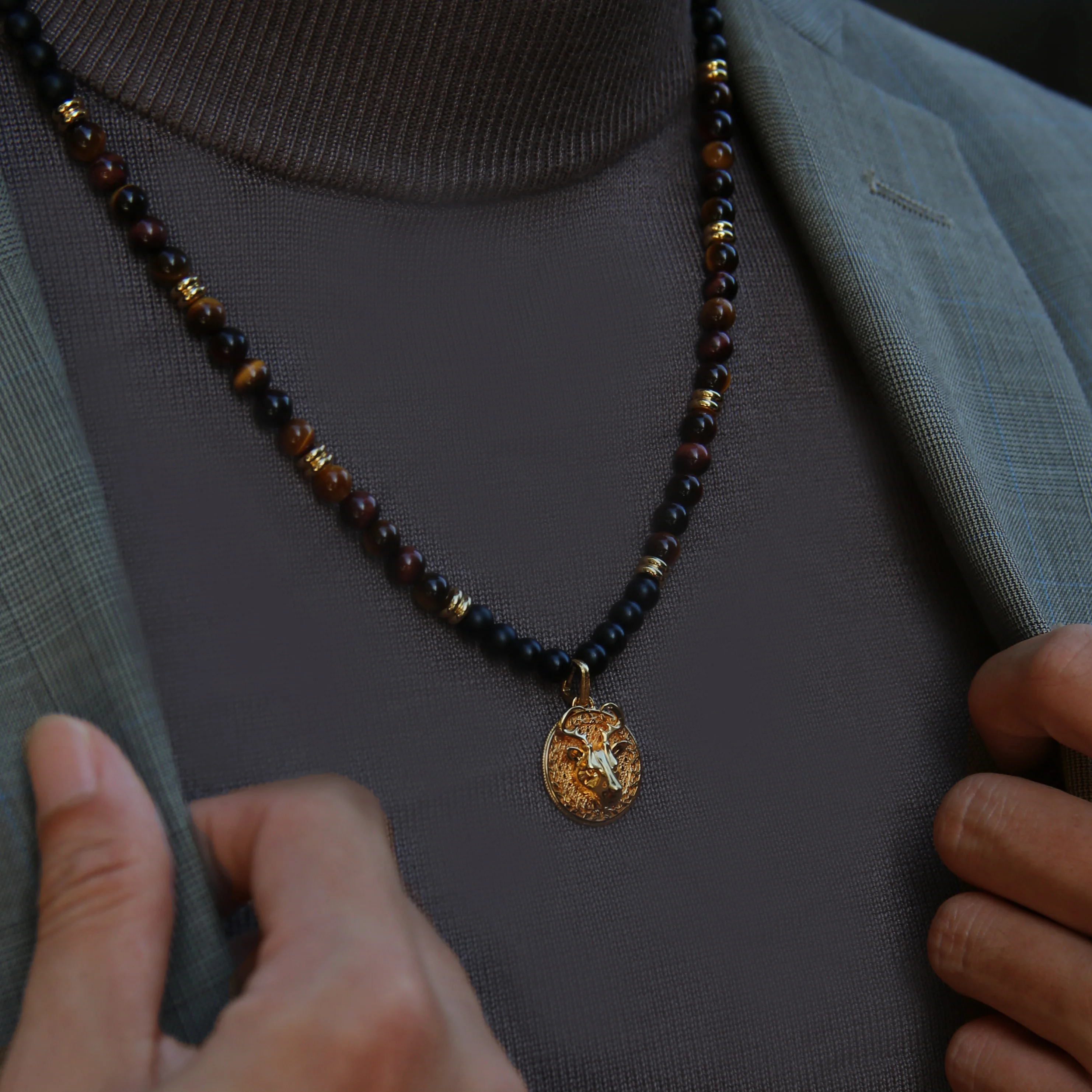 Gold Tiger Eye Beaded Necklace with Pendant - Image 3