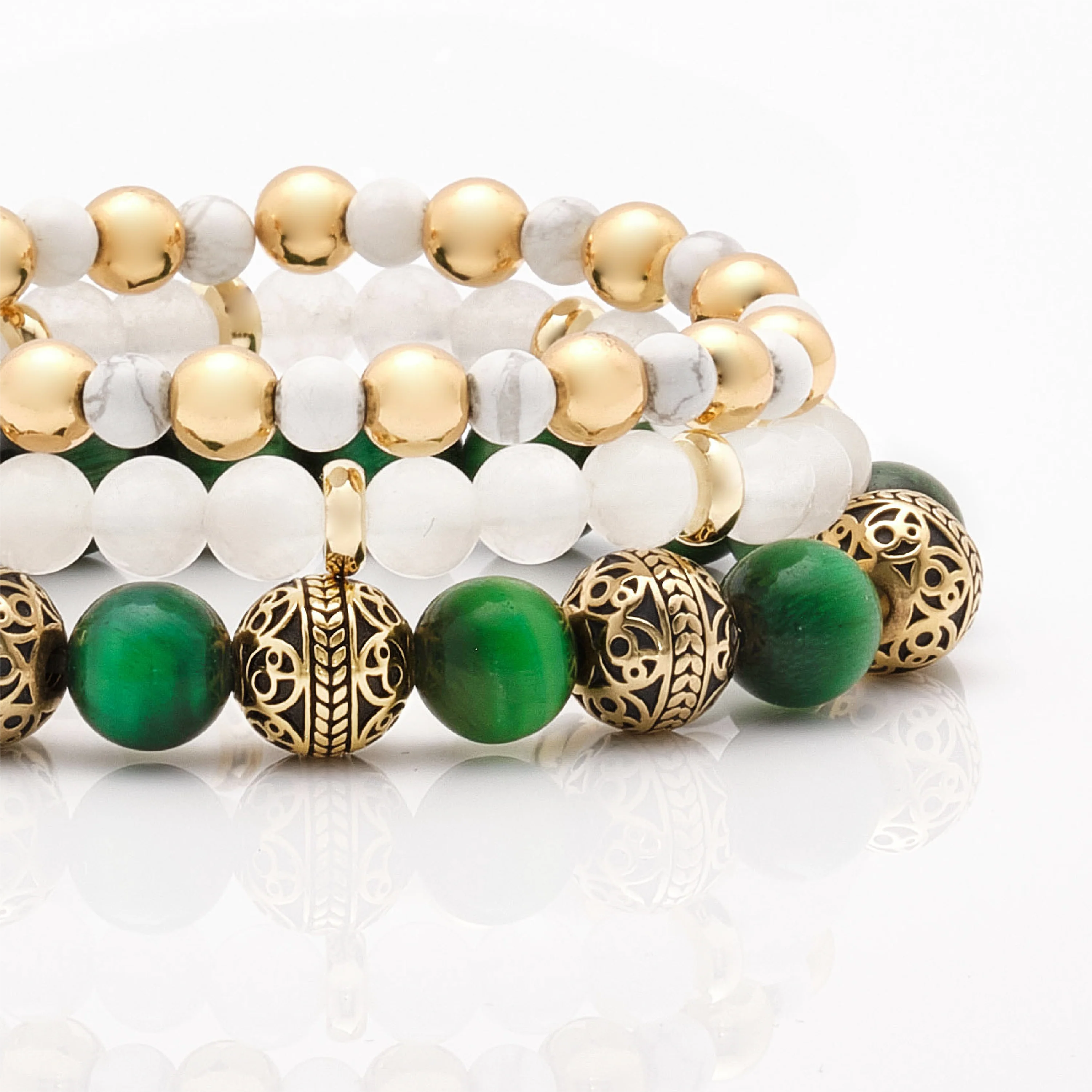 Green Tiger Eye Gold Bracelet with Howlite & White Jade Bracelet - Image 5
