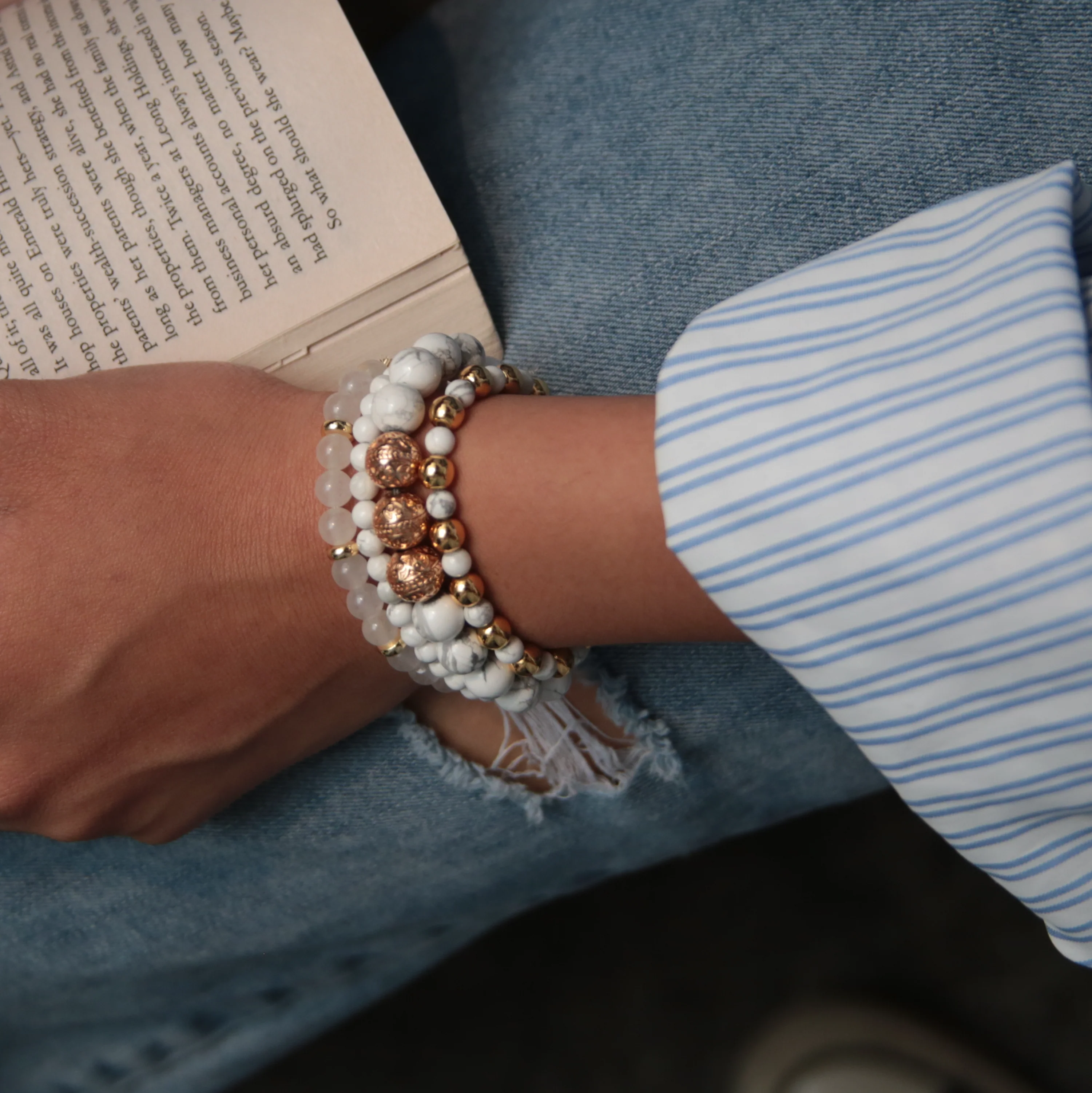Howlite Rose Gold Bracelet with Howlite and White Jade Bracelet - Image 3