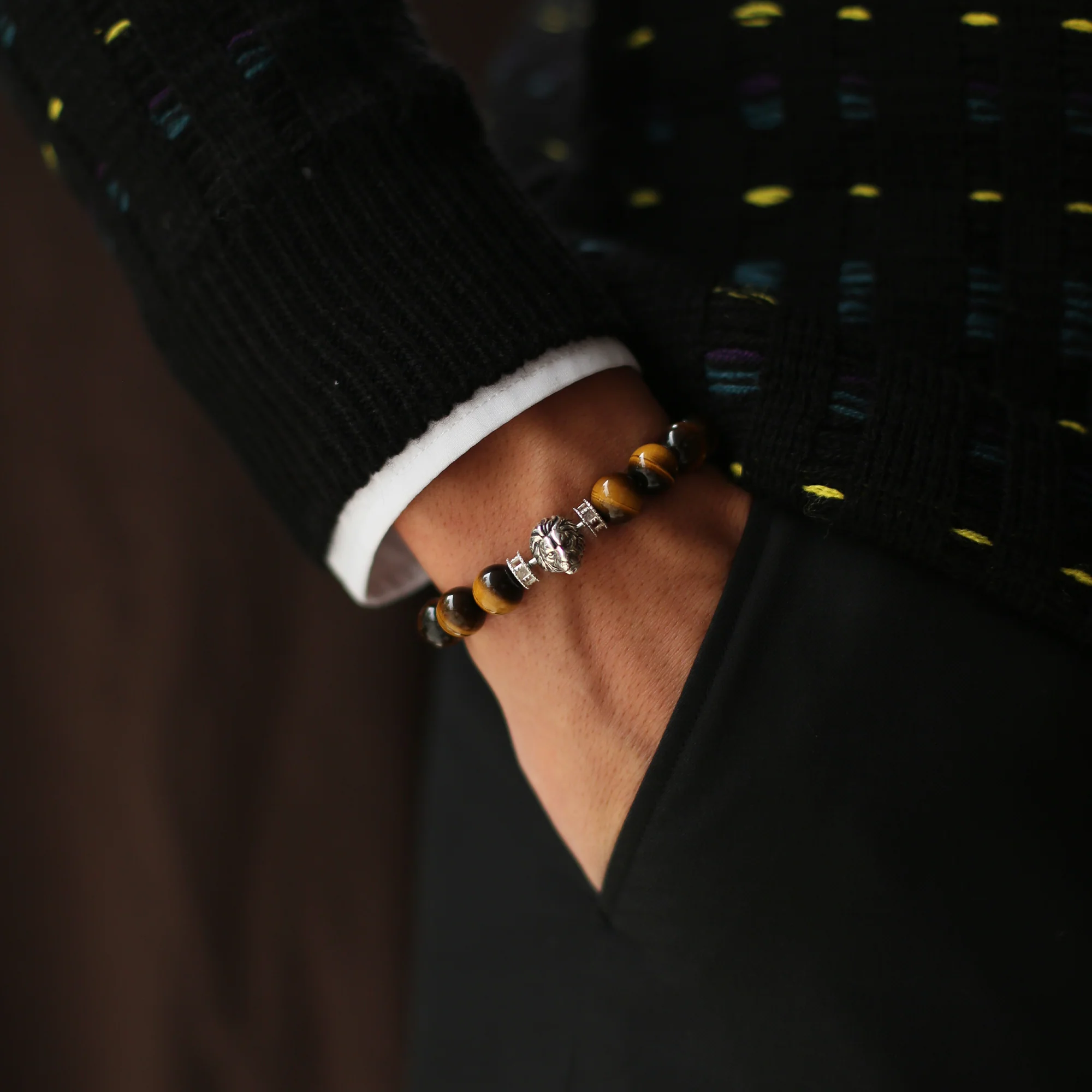 Silver Lion Tiger Eye Bead Bracelet - Image 3