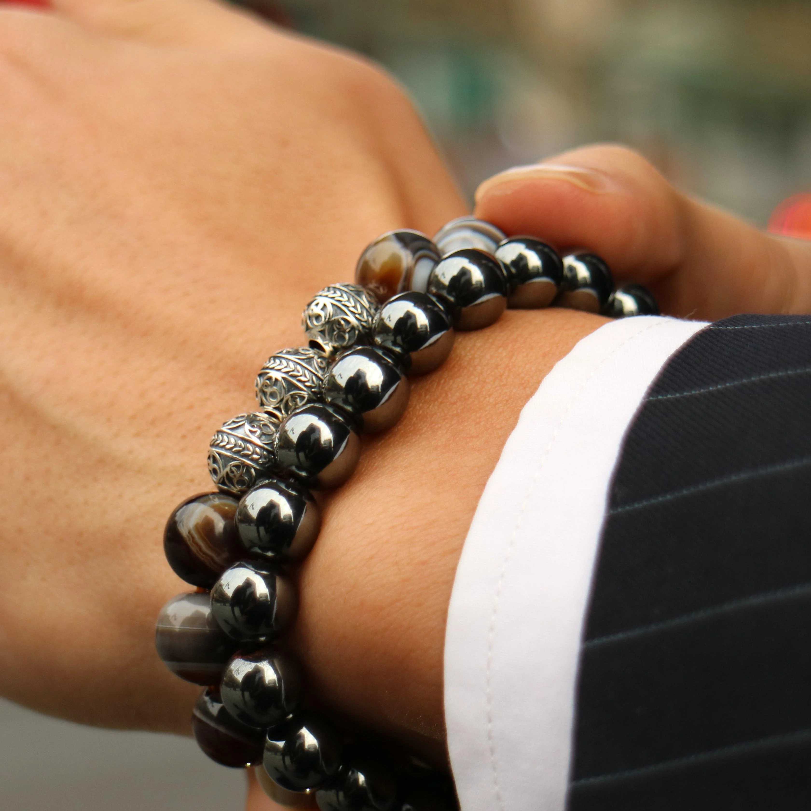 Silver Classic Brown Agate Beaded Bracelet - Image 5