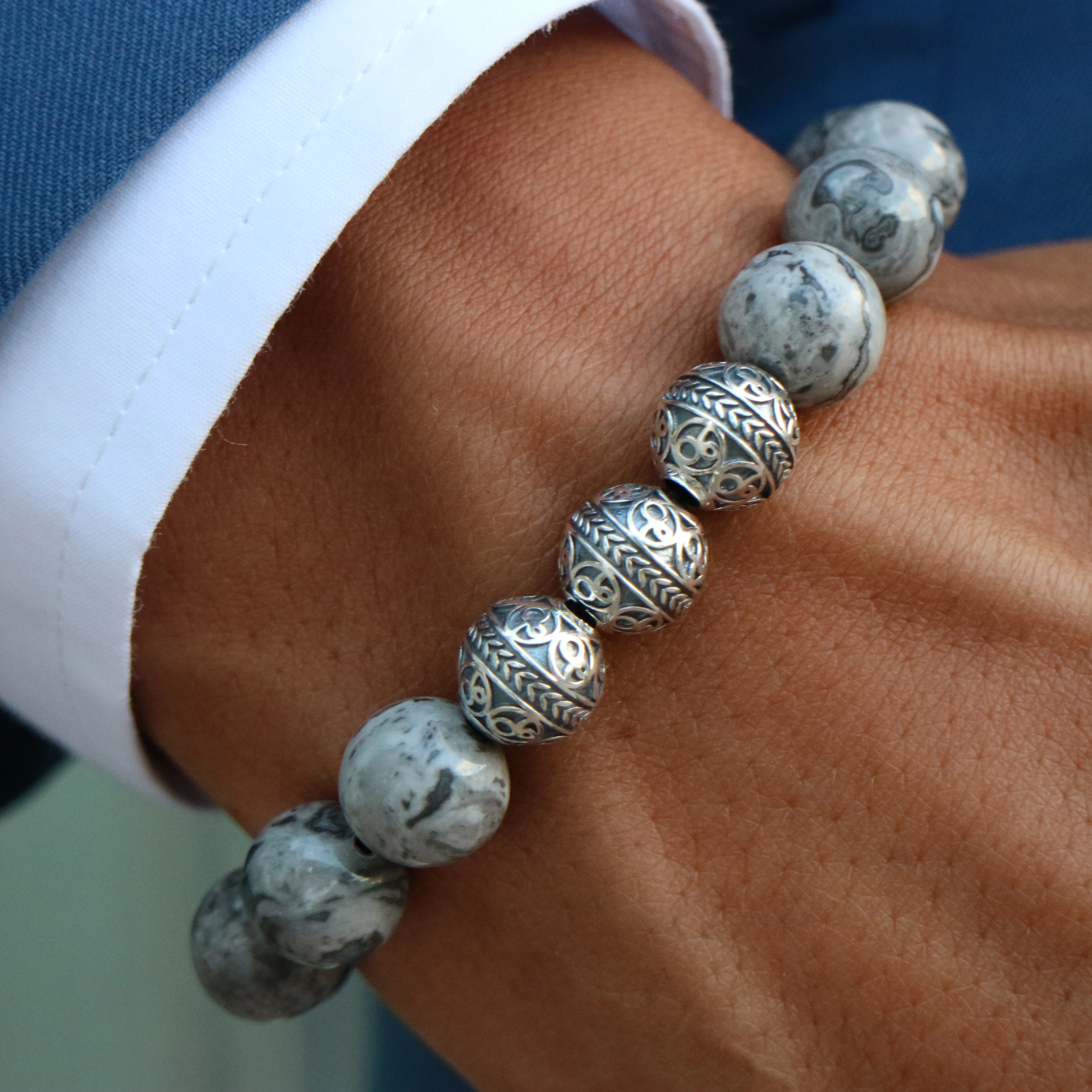 Classic Silver Picasso Jasper Beaded Bracelet - Image 5