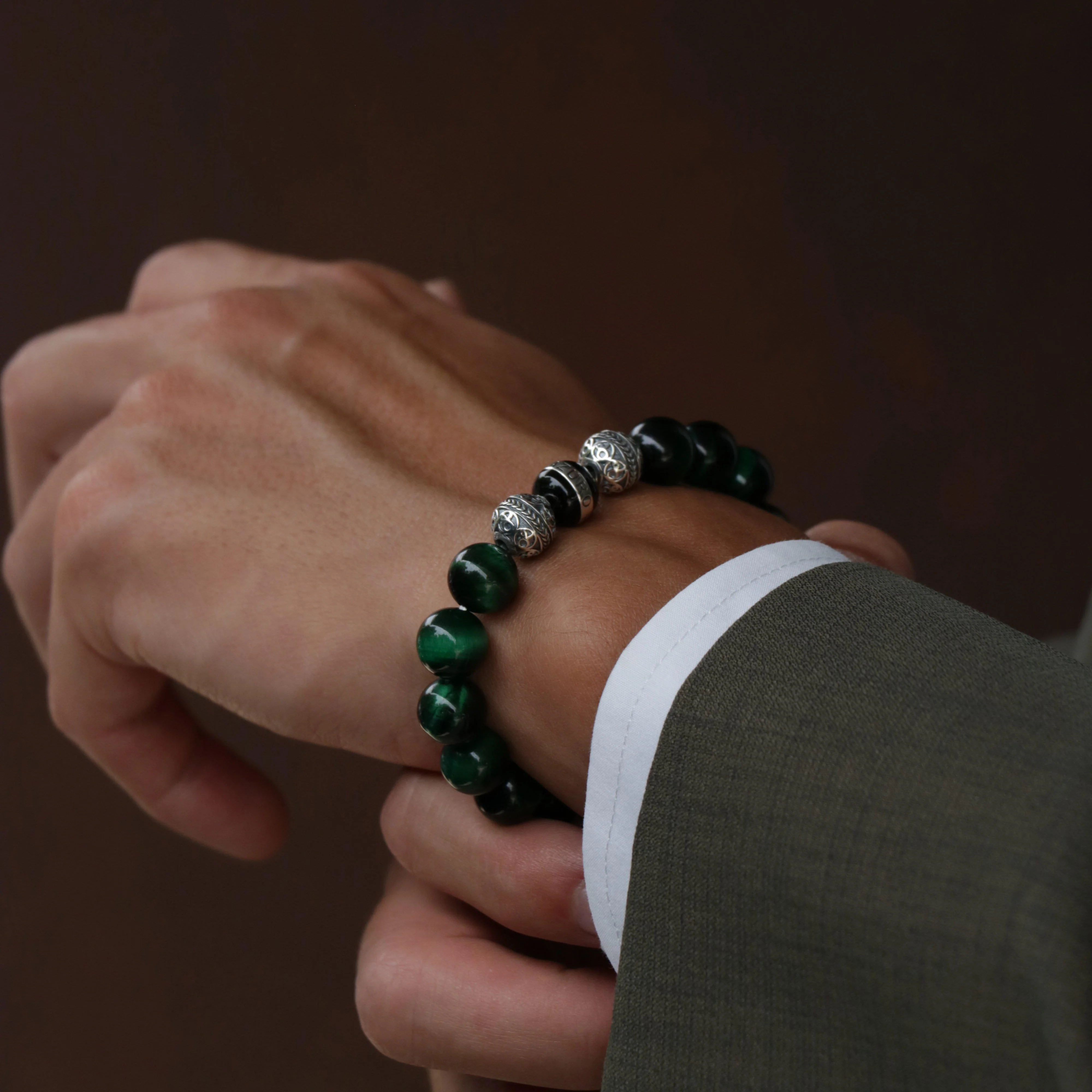 SILVER ENAMEL GREEN TIGER EYE BRACELET - Image 3