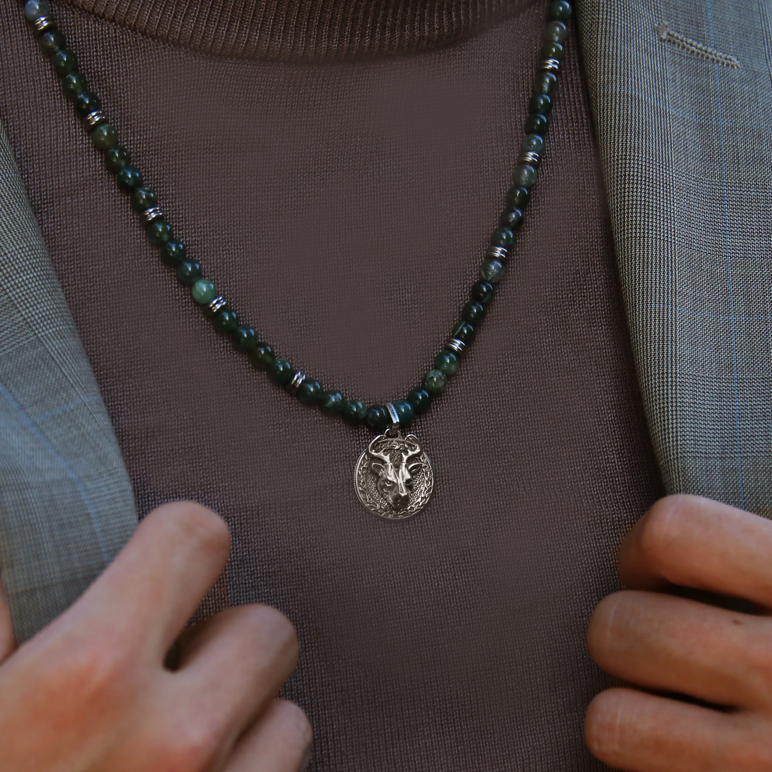 Silver Green Agate Beaded Necklace with Pendant - Image 7