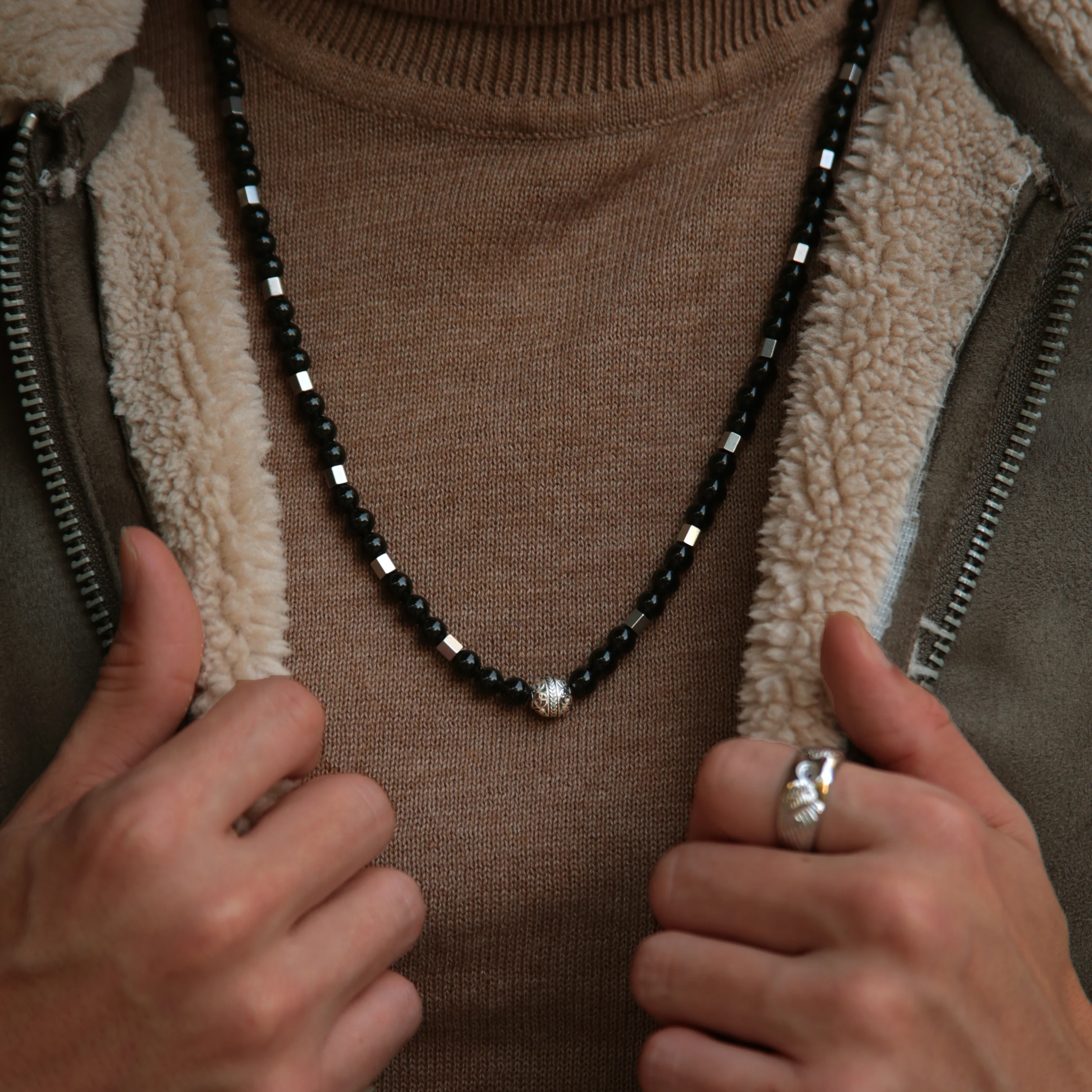 Silver Obsidian Beaded Necklace - Image 2
