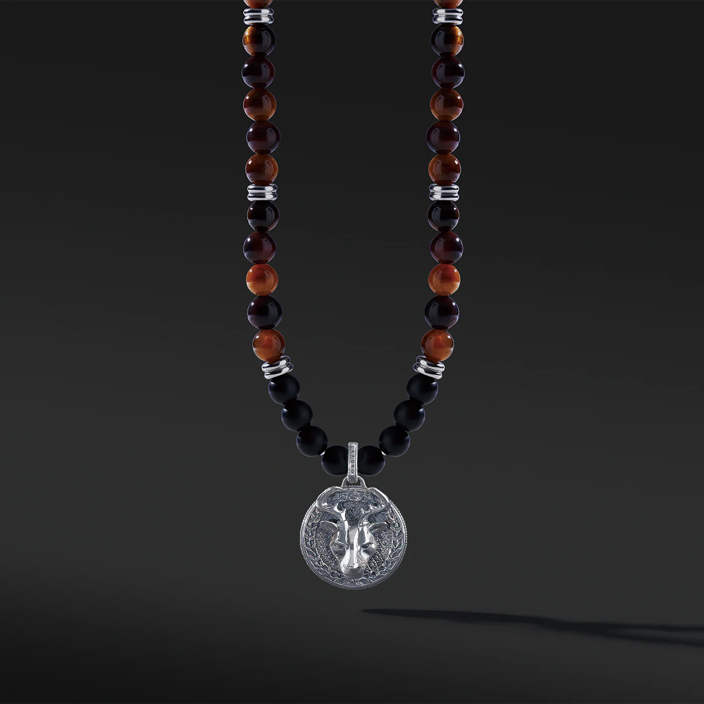 Silver Red Tiger Eye Beaded Necklace with Pendant - Image 2