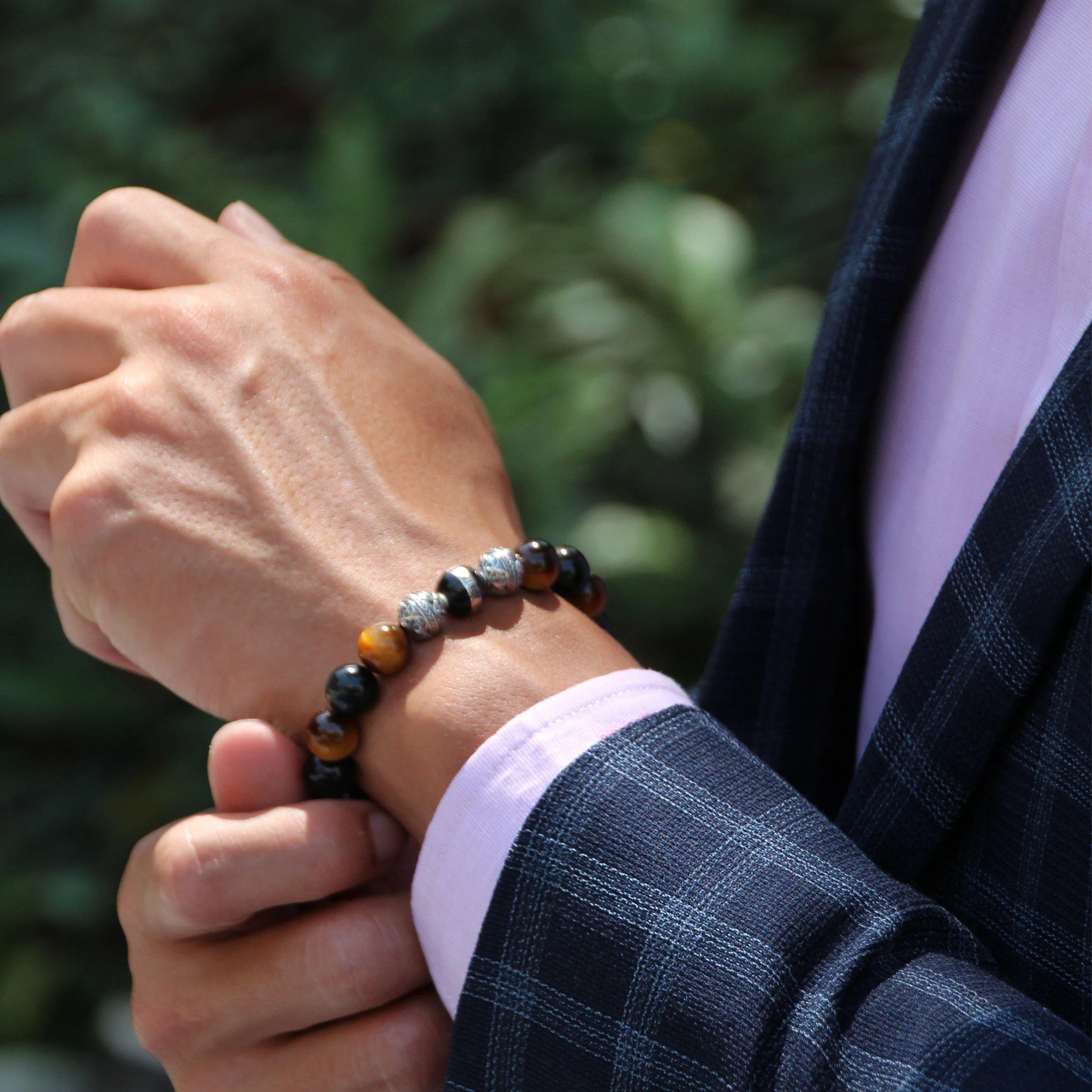 The Crouching Tiger | Silver Enamel Black Obsidian Tiger Eye Beaded Bracelet - Image 3