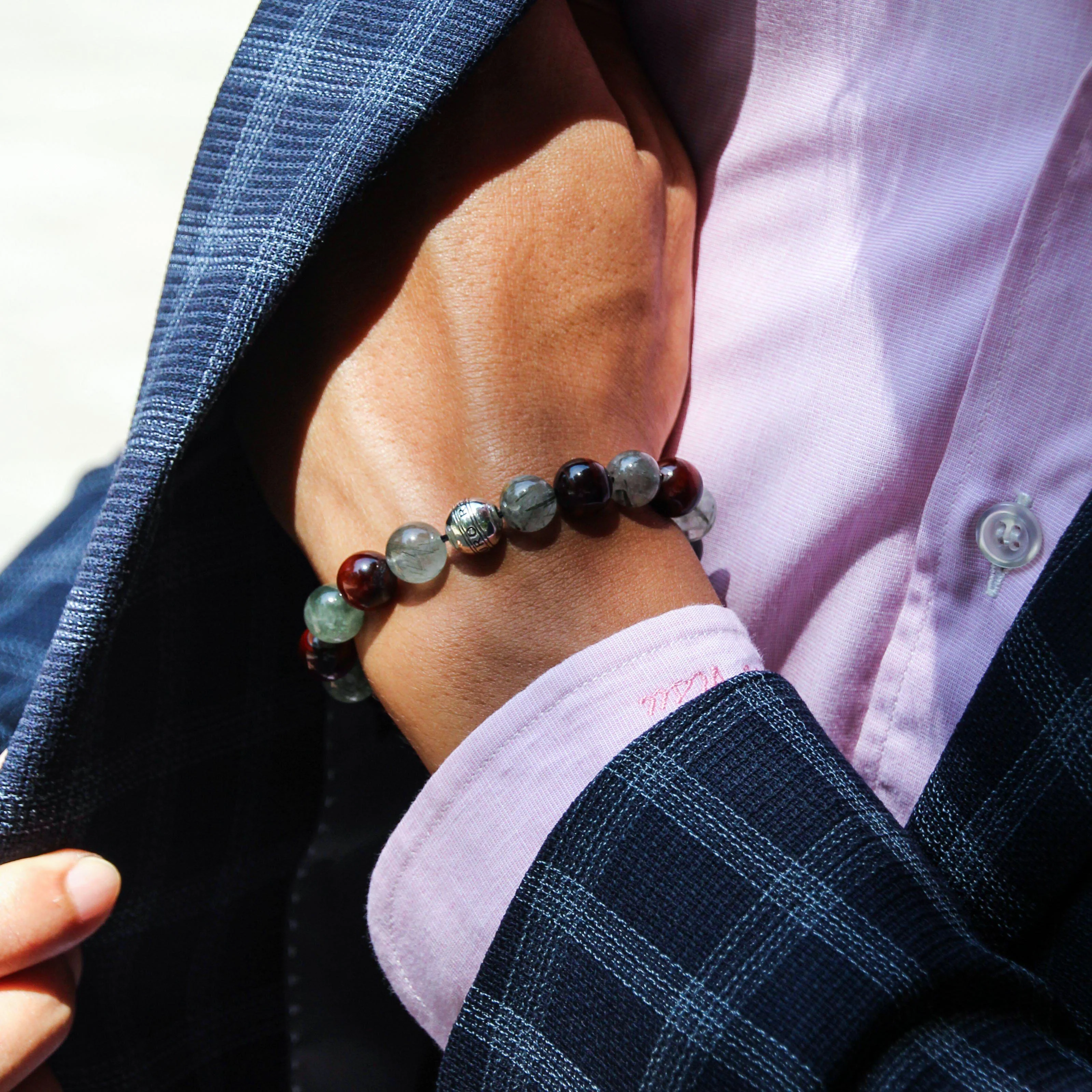 The Guardian | Silver Enamel Green Rutilated Quartz Stone Tiger Eye Beaded Bracelet - Image 3