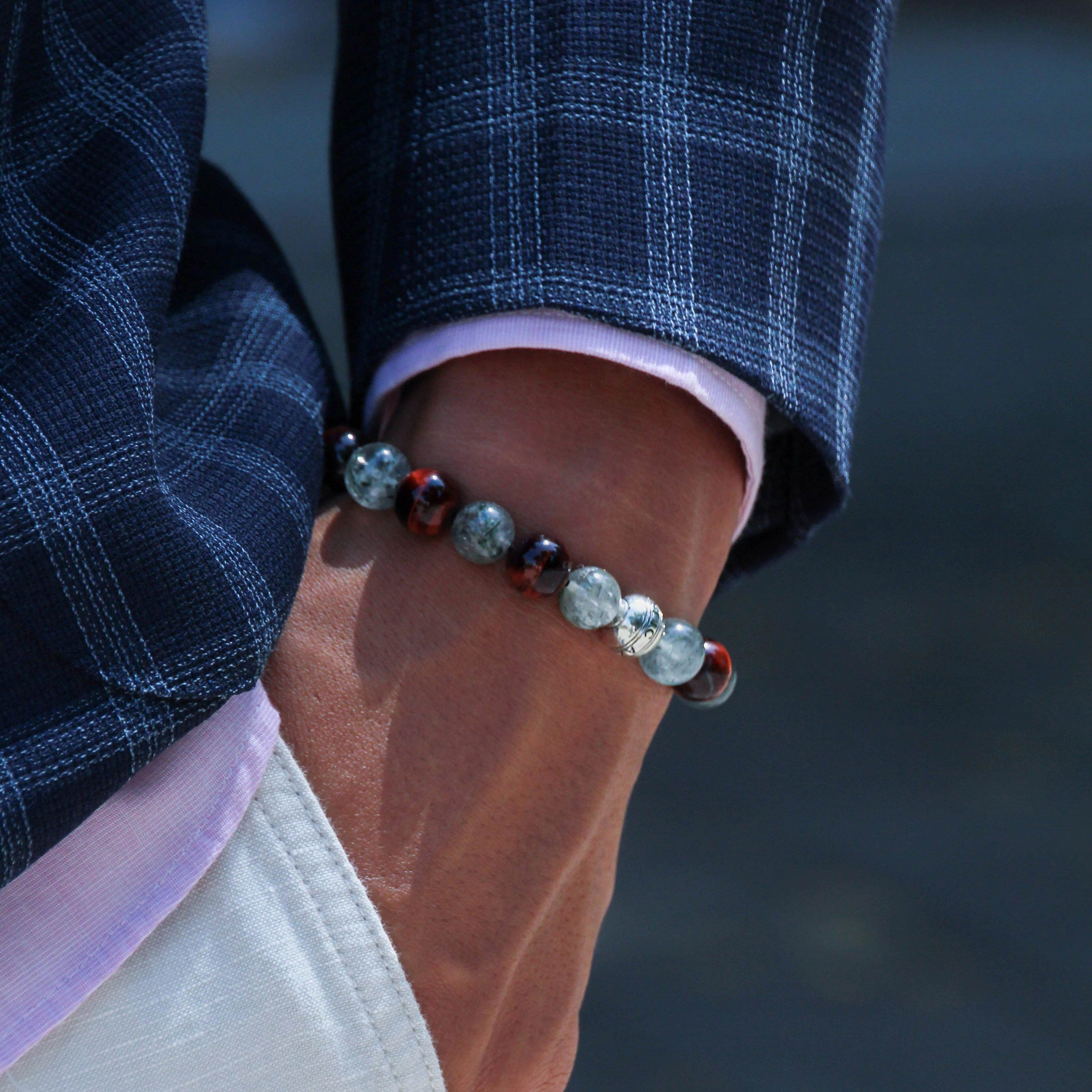 The Guardian | Silver Enamel Green Rutilated Quartz Stone Tiger Eye Beaded Bracelet - Image 4