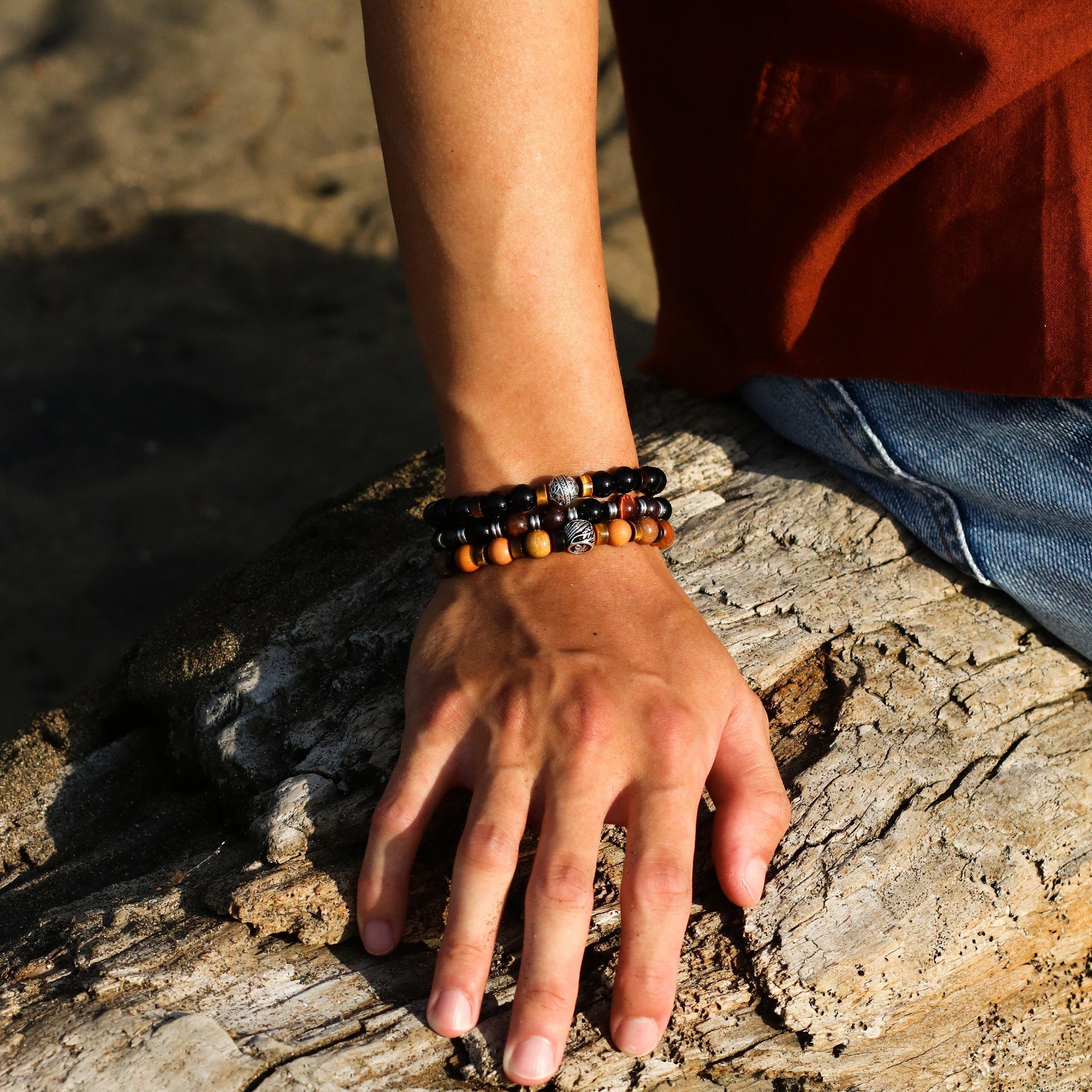 Tiger Eye Obsidian Rhodolite Garnet Beaded Bracelet - Image 3